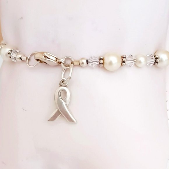925 Pearl & Crystal Bracelet 7.5" SIC Sterling Silver Breast Cancer Awareness - Picture 2 of 9